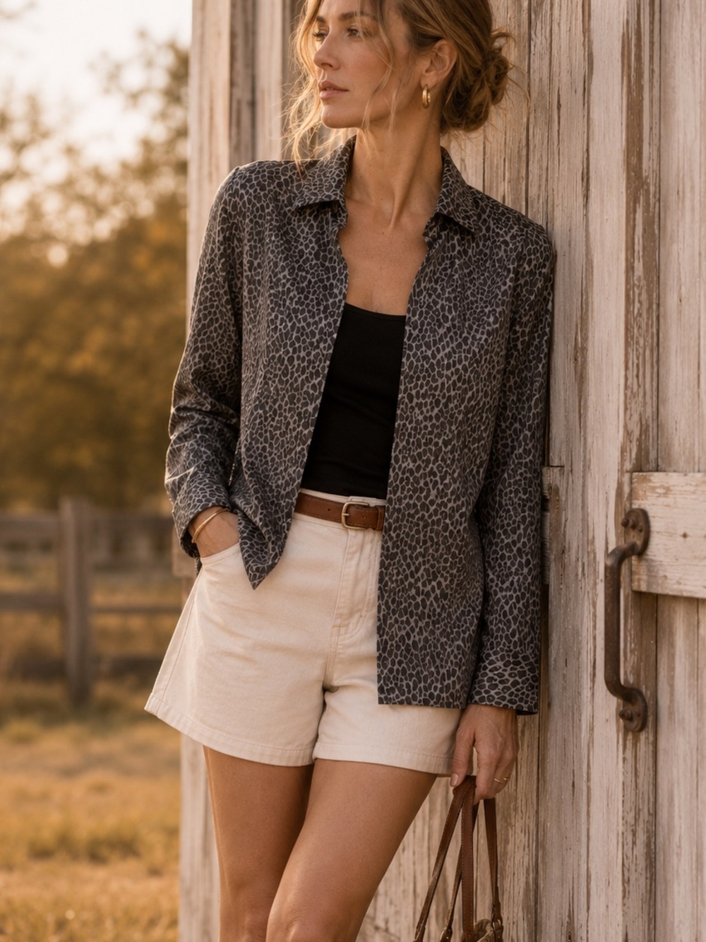Vintage Croft & Barrow Gray Zip Down Leopard Animal Print Shirt Blazer Shacket